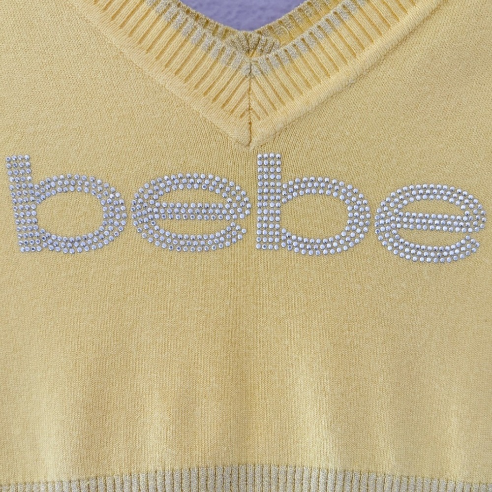 Bebe Y2K Yellow Rhinestone Logo V Neck Sweater Top Metallic Striped - Picture 2 of 4